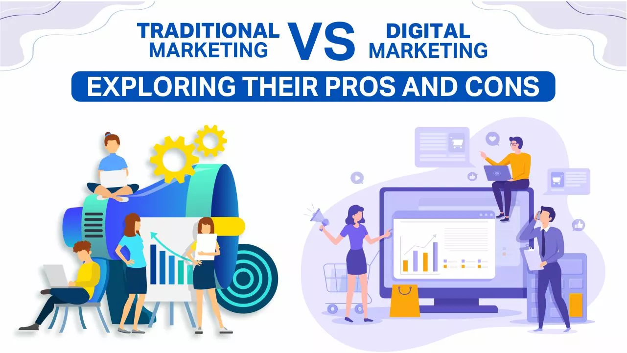 Comparison of Traditional Marketing and Digital Marketing showing same goals but different tools, including print ads, TV, and events versus social media, SEO, email, and online advertising.