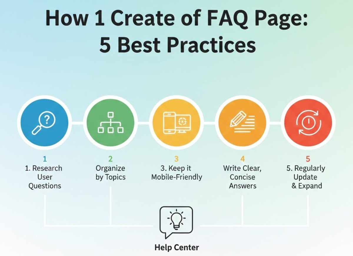 A clean web design interface showing a modern FAQ page layout with icons, search bars, and categorized question sections to illustrate best practices.
