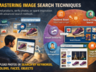 explaining image search techniques including keyword search, reverse image search, visual similarity, facial recognition, and object recognition using AI.