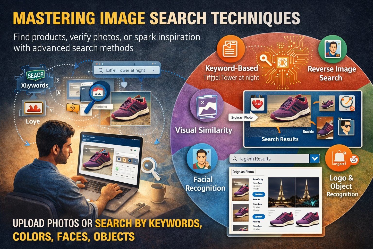 explaining image search techniques including keyword search, reverse image search, visual similarity, facial recognition, and object recognition using AI.