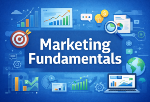 Marketing fundamentals concept with growth charts, strategy icons, and analytics visuals