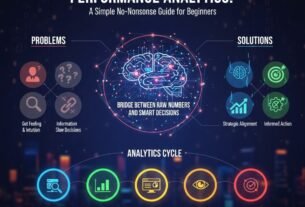 A conceptual digital illustration representing performance analytics as a bridge connecting raw data points to a glowing lightbulb icon, symbolizing the transformation of data into actionable business insights.