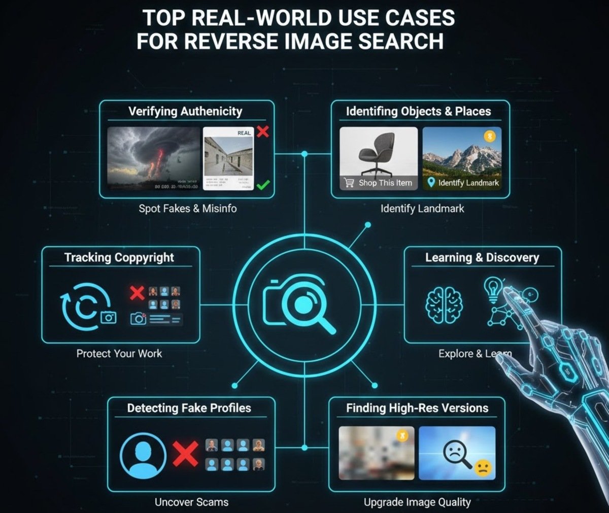 six use cases for reverse image search: verifying authenticity, identifying objects, tracking copyright, learning, detecting fake profiles, and finding high-res images.