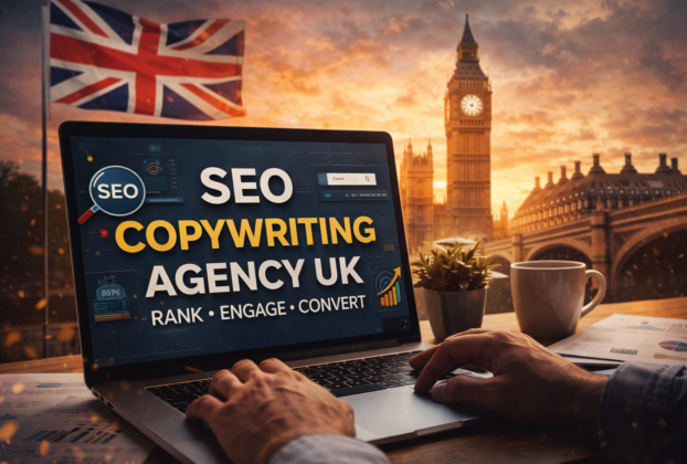 SEO copywriting agency UK showcasing professional content writing services with London landmarks in the background