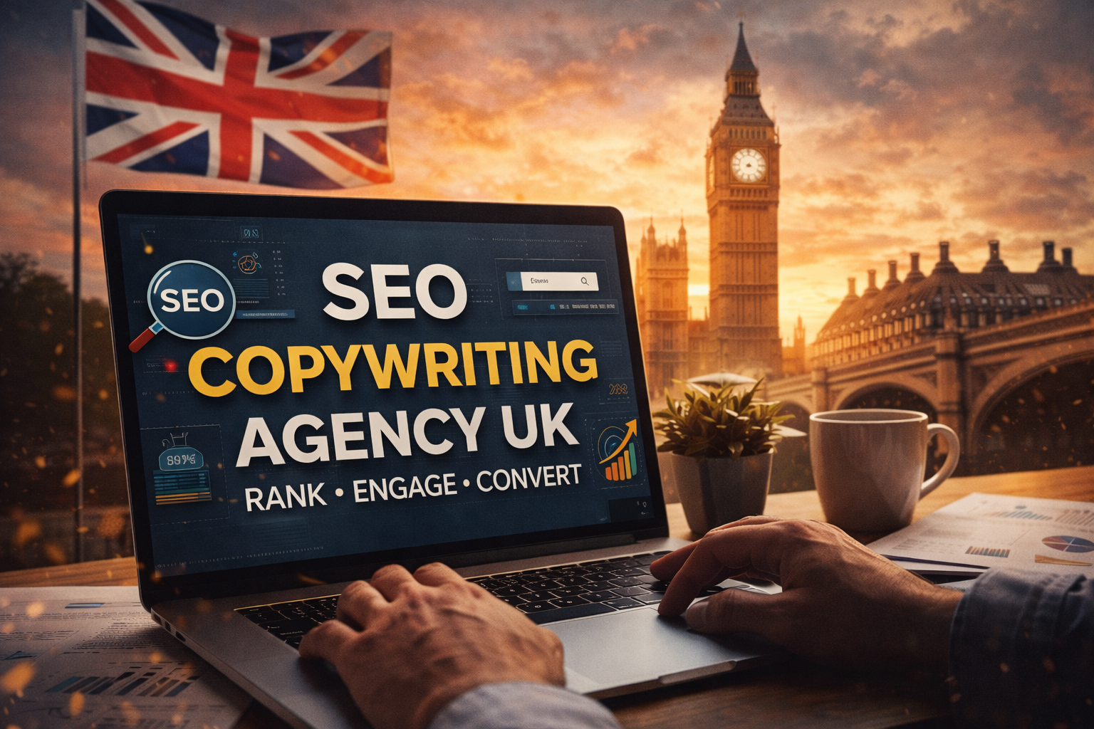 SEO copywriting agency UK showcasing professional content writing services with London landmarks in the background