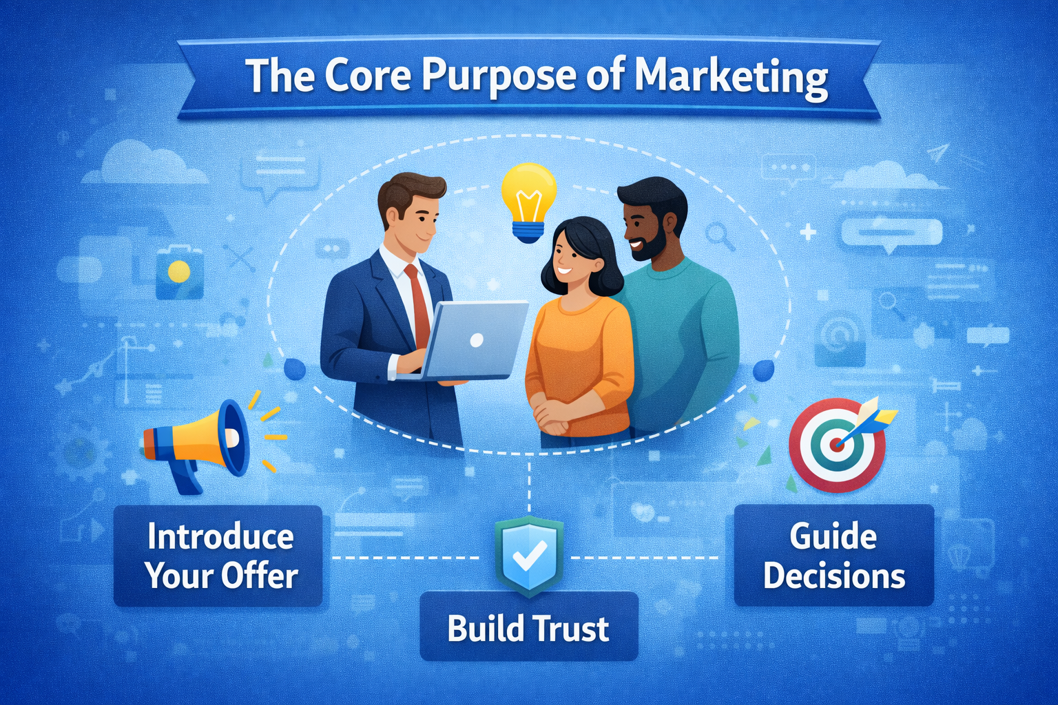 The core purpose of marketing showing offer introduction, trust building, and decision guidance