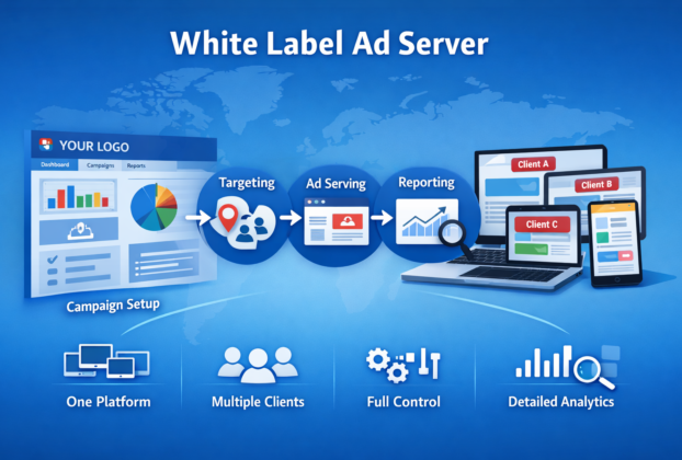 White label ad server infographic showing branded dashboard, campaign setup, targeting, ad serving, and reporting across multiple client devices.