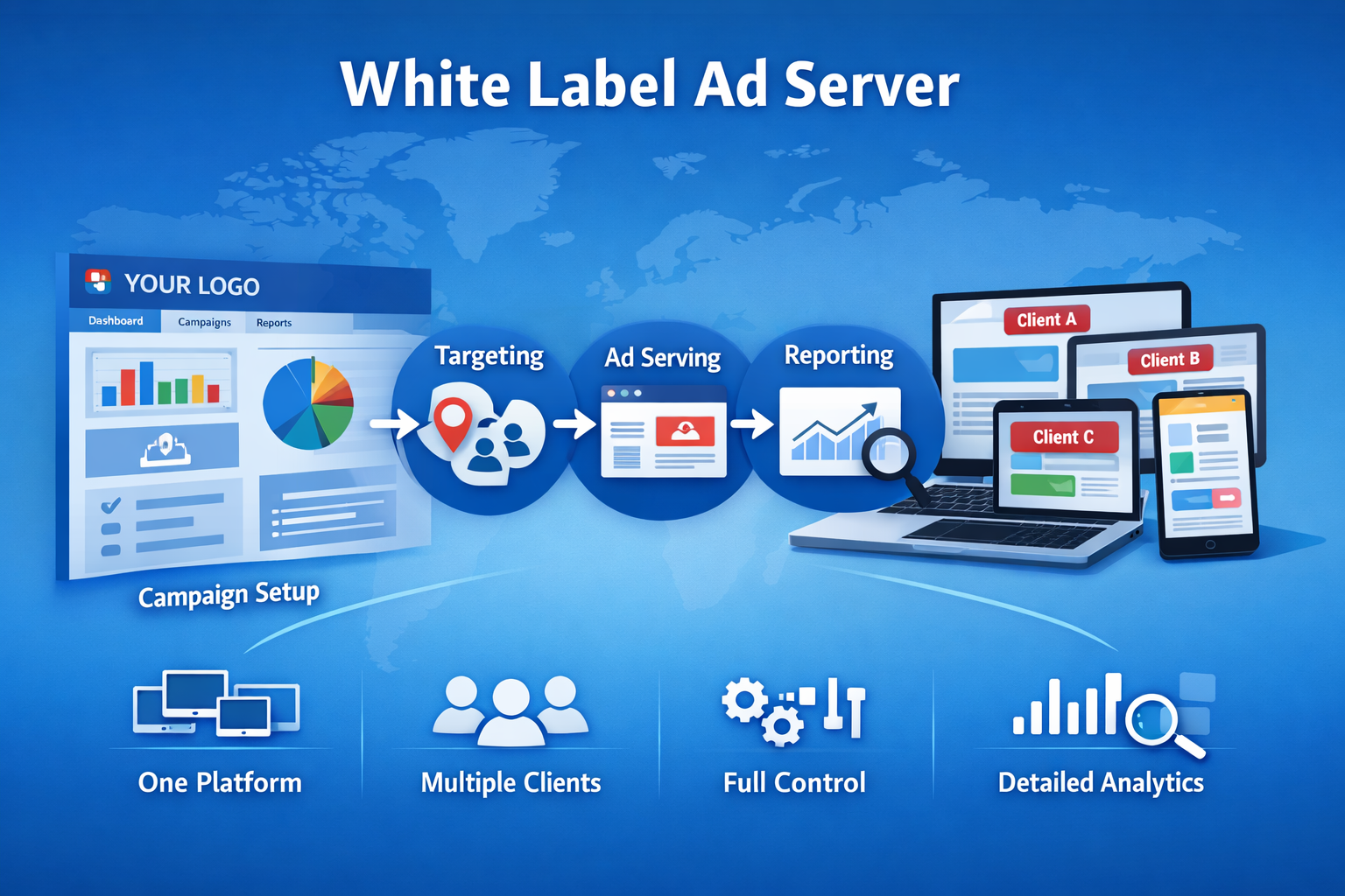 White label ad server infographic showing branded dashboard, campaign setup, targeting, ad serving, and reporting across multiple client devices.