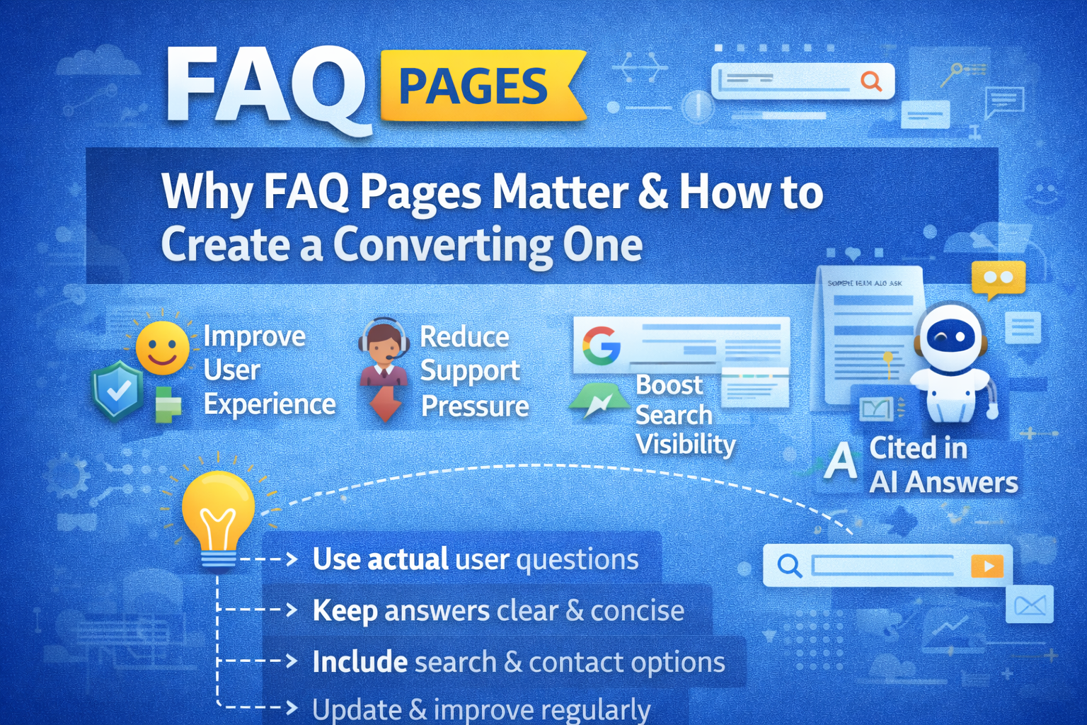 FAQ page infographic showing why FAQ pages matter, benefits like better user experience, reduced support load, improved SEO, and AI visibility.