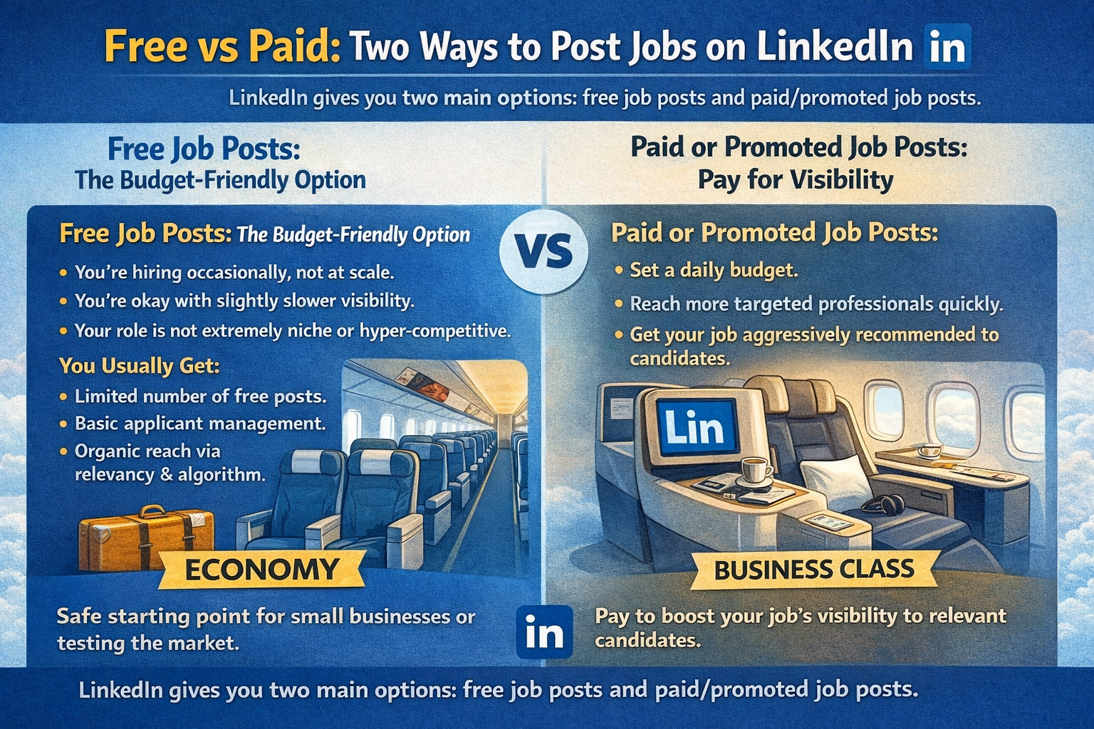 Infographic comparing free vs paid LinkedIn job posts with economy and business class analogy