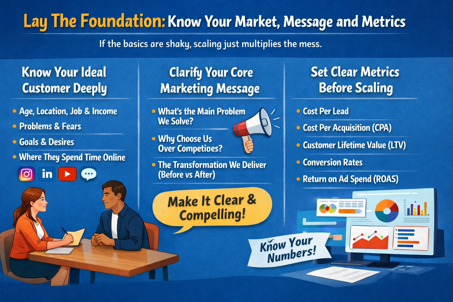 Marketing foundation infographic showing ideal customer, core message, and key metrics before scaling